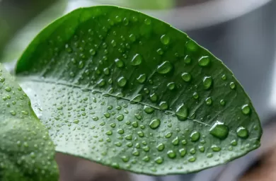 قطرات آب روی برگ گیاه آپارتمانی